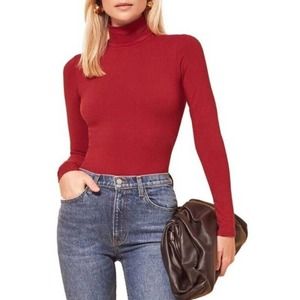 Reformation Jeans Large Red Navia Mockneck Turtleneck Bodysuit Long Sleeve